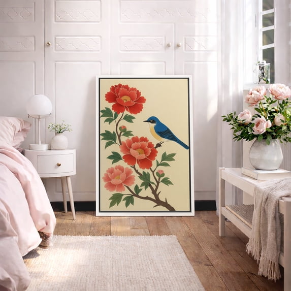 Framed Canvas Print Vintage Bird Wall Art Chinese Style Decorative for Living Room Bedroom - 16"x24" WHITE