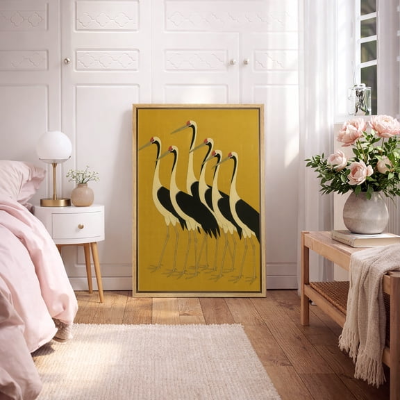 Framed Canvas Print Vintage Crane Wall Art Japandi Decorative for Living Room Bedroom - 24"x36" NATURAL