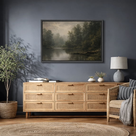 Framed Canvas Print Vintage Forest Landscape Wall Art Farmhouse Decorative for Living Room Bedroom - 16"x24" BLACK