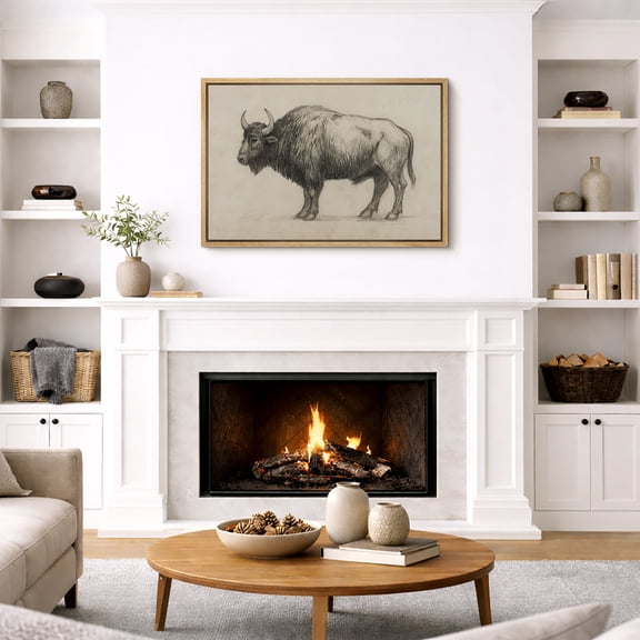 Framed Canvas Print Vintage Highland Cow Wall Art Animal Rustic Decorative for Living Room Bedroom - 24"x36" NATURAL