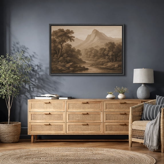 Framed Canvas Print Vintage Mountain Landscape Wall Art Rustic Farmhouse Decorative for Living Room Bedroom - 24"x36" BLACK