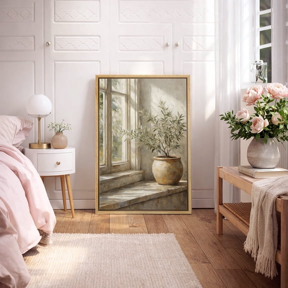 Framed Canvas Print Vintage Window Still Life Wall Art Neutral Sunlight Botanical Decorative for Living Room Bedroom - 16"x24" NATURAL