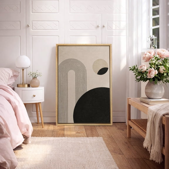 Framed Canvas Print Wall Art Abstract Geometric Shapes with Arch and Circle Print Contemporary Artwork For Living Room Decor - 16"x24" NATURAL