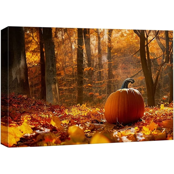 Framed Canvas Print Wall Art Autumn Fall Thanksgiving Forest Pumpkin Nature Wilderness Photography Realism Decorative Landscape Scenic Zen for Living Room, Bedroom, Office - 12"x18"