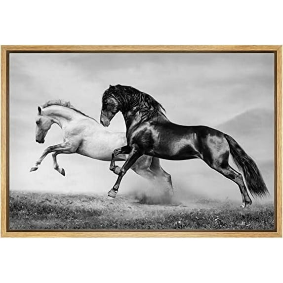 Framed Canvas Print Wall Art Black & White Desert Horse Stallions Animals Nature Photography Realism Rustic Landscape Portrait Wildlife Country for Living Room, Bedroom, Office - 1