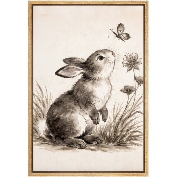 Framed Canvas Print Wall Art Bunny Staring at Butterfly Vintage Art for Living Room, Bedroom, Office - 16"x24" NATURAL