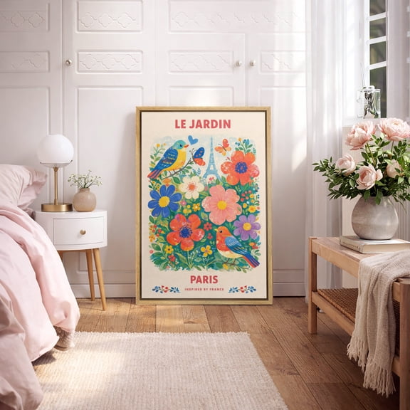 Framed Canvas Print Wall Art Colorful Birds and Flowers Print Le Jardin Paris Artwork For Living Room Decor - 16"x24" NATURAL