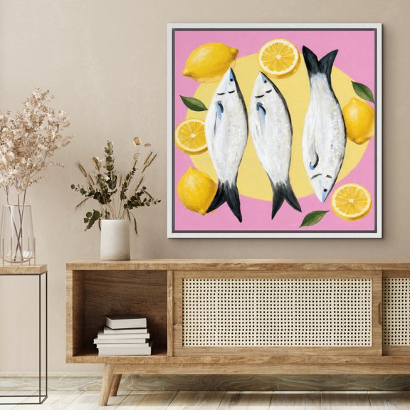 Framed Canvas Print Wall Art Fresh Mackerel with Lemons Print Citrus Culinary Still Life Artwork For Living Room Decor - 24"x24" WHITE