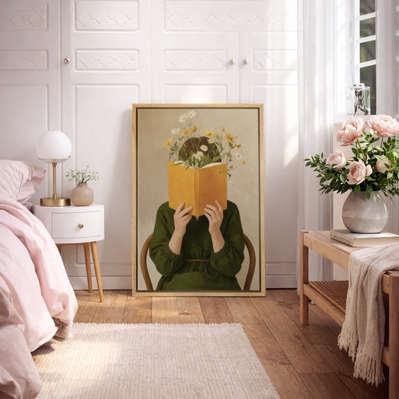 Framed Canvas Print Wall Art Girl Reading Book Print Whimsical Figurative Artwork For Living Room Decor - 16"x24" NATURAL
