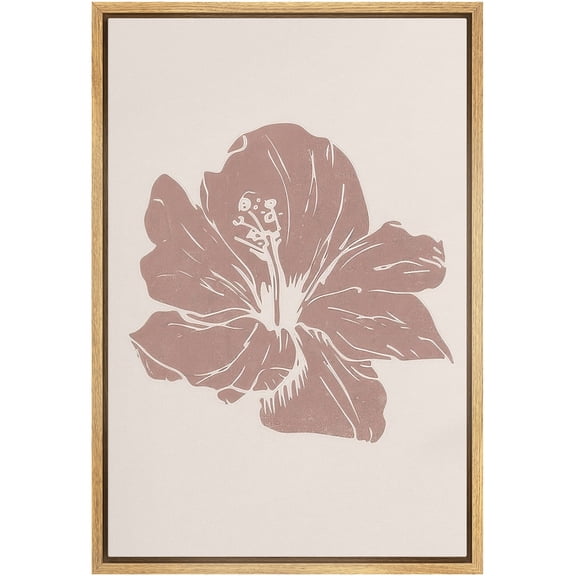 Framed Canvas Print Wall Art Hibiscus Line Art Floral Botanical Art for Living Room, Bedroom, Office - 16"x24" NATURAL