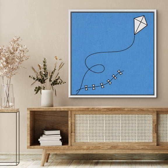 Framed Canvas Print Wall Art Kite Flying in Clear Sky Print Simple Vector Style Artwork For Living Room Decor - 24"x24" WHITE