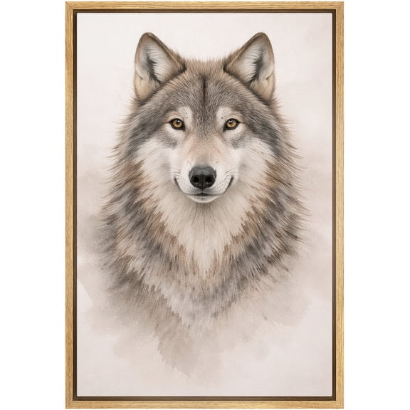 Framed Canvas Print Wall Art Majestic Wolf with Intense Gaze Vintage Animal Art for Living Room, Bedroom, Office - 24"x36" NATURAL