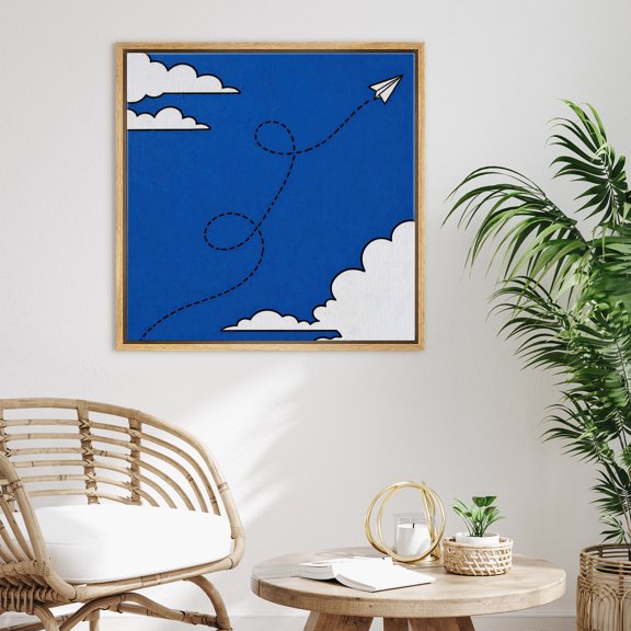 Framed Canvas Print Wall Art Paper Airplane in Sky Print Minimalist Cloud Artwork For Living Room Decor - 24"x24" NATURAL