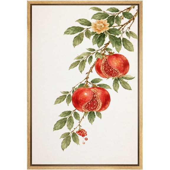 Framed Canvas Print Wall Art Pomegranate Fruits on Branch Vintage Art for Living Room, Bedroom, Office - 16"x24" NATURAL