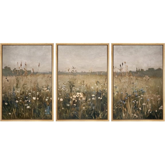 Framed Canvas Print Wall Art Set Wildflower Meadow Rustic Floral Field Landscape Illustrations Modern Art Decorative Rustic Calm/Zen for Living Room, Bedroom, Office - 24"x36"x3 Natural