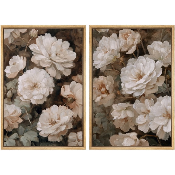 Framed Canvas Print Wall Art Set of 2 Classic White Roses Botanical Vintage Art for Living Room, Bedroom, Office - 16"x24"x2 NATURAL