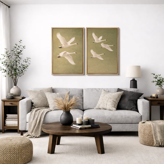 Framed Canvas Print Wall Art Set of 2 Flying Cranes in Motion Prints Elegant Nature Artwork For Living Room Decor - 24"x36"x2 NATURAL