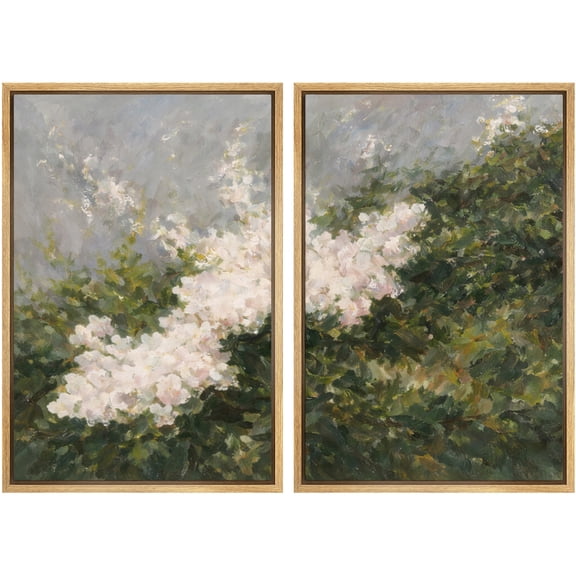 Framed Canvas Print Wall Art Set of 2 Lush Green Garden Blooms Floral Botanical Vintage Art for Living Room, Bedroom, Office - 16"x24"x2 NATURAL