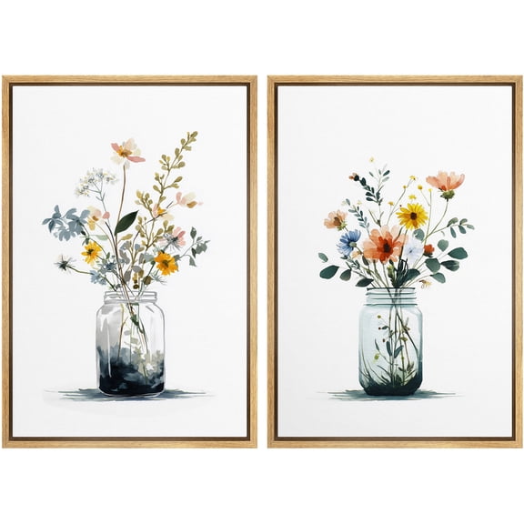 Framed Canvas Print Wall Art Set of 2 Whimsical Floral Mason Jar Botanical Minimalist Modern Art for Living Room, Bedroom, Office - 16"x24"x2 NATURAL