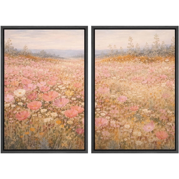 Framed Canvas Print Wall Art Set of 2 Wildflower Meadow Floral Botanical Vintage Art for Living Room, Bedroom, Office - 16"x24"x2 BLACK