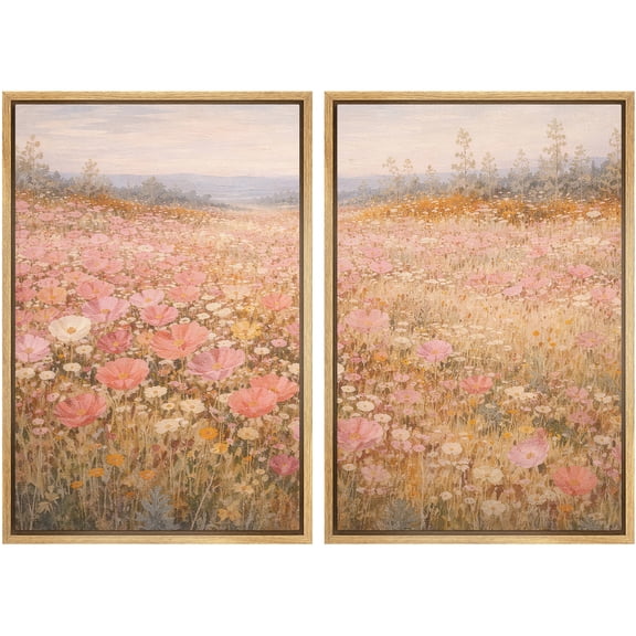 Framed Canvas Print Wall Art Set of 2 Wildflower Meadow Floral Botanical Vintage Art for Living Room, Bedroom, Office - 16"x24"x2 NATURAL