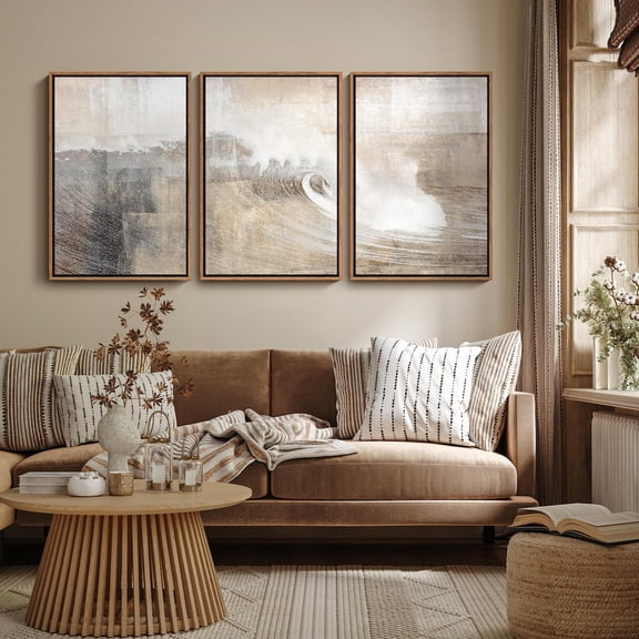 Framed Canvas Print Wall Art Set of 3 Gray Tan Ocean Wave Overlay Nature Rustic Abstract Modern Art Neutral Mid Century Minimalist Decor Set 3