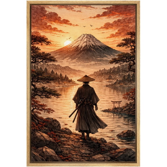 Framed Canvas Print Wall Art Solitary Samurai at Sunrise Japanese Style Art for Living Room, Bedroom, Office - 16"x24" NATURAL