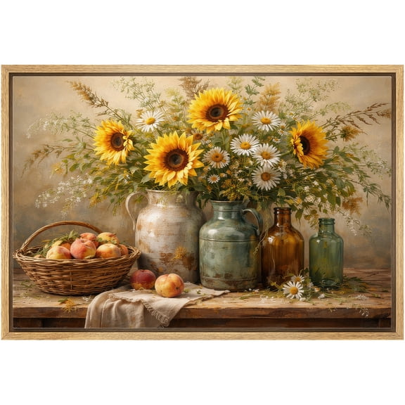 Framed Canvas Print Wall Art Sunflowers and Peaches in Rustic Arrangement Vintage Botanical Art for Living Room, Bedroom, Office - 16"x24" NATURAL