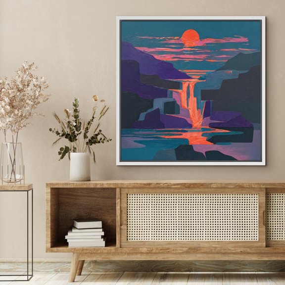 Framed Canvas Print Wall Art Sunset Waterfall Landscape Print Vibrant Evening Scene Artwork For Living Room Decor - 24"x24" WHITE