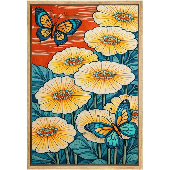 Framed Canvas Print Wall Art Vibrant Butterflies and Flowers Modern Retro Art for Living Room, Bedroom, Office - 16"x24" NATURAL