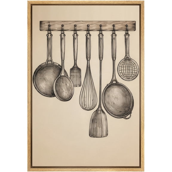 Framed Canvas Print Wall Art Vintage Cooking Utensils Hanging on Rack Rustic Art for Kitchen Decor - 16"x24" NATURAL