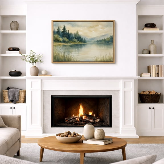 Framed Canvas Print Watercolor Forest Lake Wall Art Modern Decorative for Living Room Bedroom - 24"x36" NATURAL