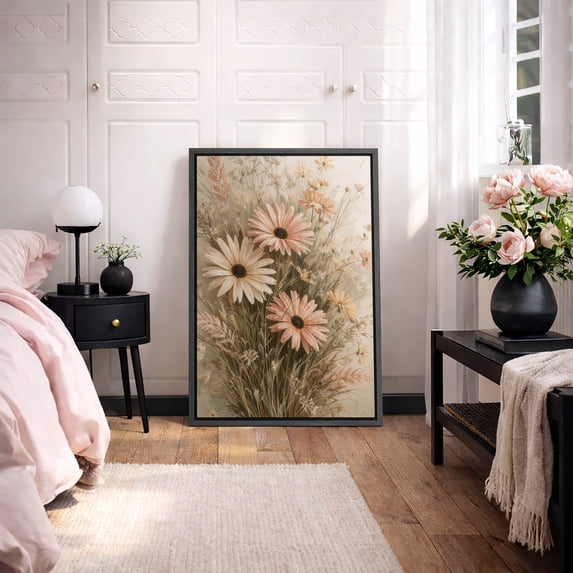 Framed Canvas Print Wildflower Wall Art Boho Decorative for Living Room Bedroom - 24"x36" BLACK