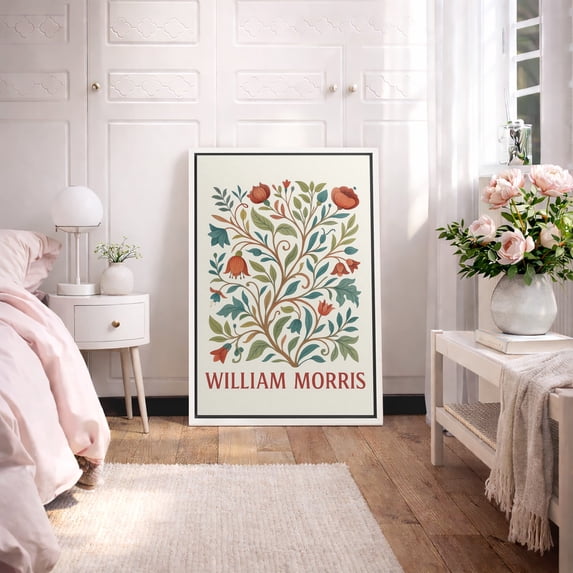 Framed Canvas Print William Morris Wall Art Abstract Floral Botanical Decorative for Living Room Bedroom - 16"x24" WHITE