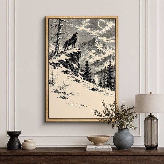 Framed Canvas Print Wolf Mountain Winter Wall Art Wildlife Decorative for Living Room Bedroom - 16"x24" NATURAL Frame
