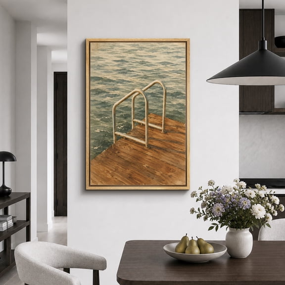 Framed Canvas Print Wooden Lake Dock Wall Art Coastal Artwork Decoration for Living Room Bedroom - 16"x24" NATURAL Frame
