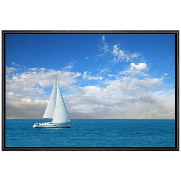 Framed Canvas Prints Wall Art - Beautiful Seascape White Sail Boat on The Blue Calm Sea | Modern Wall Decor/Home Decoration Stretched Gallery Canvas Wrap Giclee Print &amp; Ready to Hang - 16&quot;x2