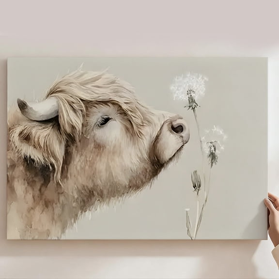 Framed Canvas Prints Wall Art, Highland Cow & Dandelion Watercolor Wall Decor, Neutral Farmhouse Home Decor For Living Room Bedroom Bathroom, Rustic Animal Art Print Gift 8*12inch(20*30cm)