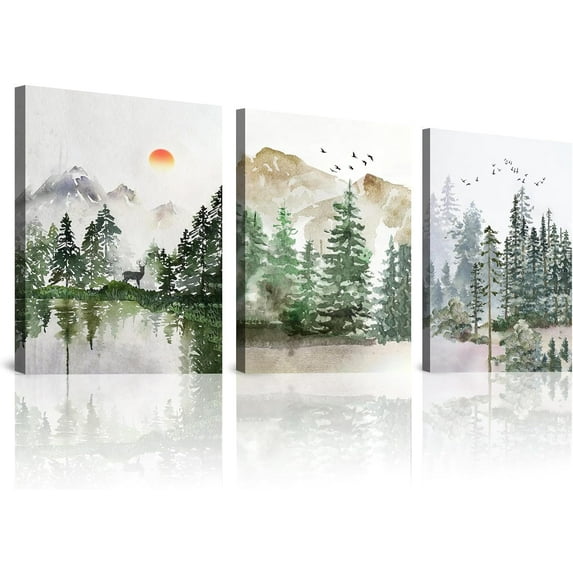 Framed Canvas Wall Art, 3 Piece (12inX16in), Birds with Misty Forest Pine Print Artwork Prints Picture Wall Decor, Perfect for Living Room Office Bathroom Home Farmhouse Paintings.