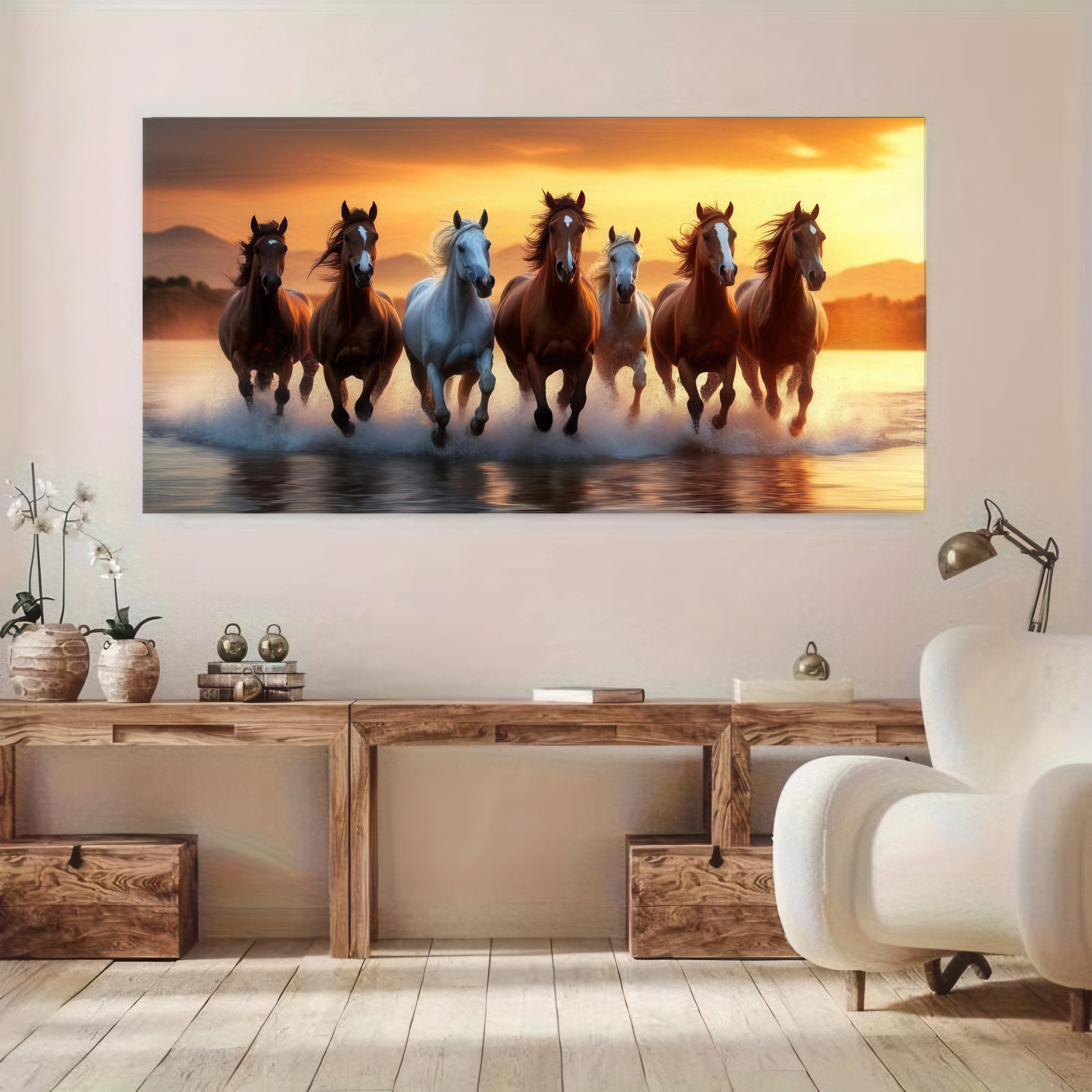 Framed Canvas Wall Art 48x24 Inch Horses Running at Sunset Modern Home ...
