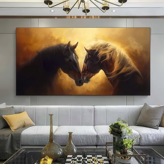 Framed Canvas Wall Art 48x24 inch Golden Horses Painting Modern Living Room Decor 2D Flat Print Ready to Hang