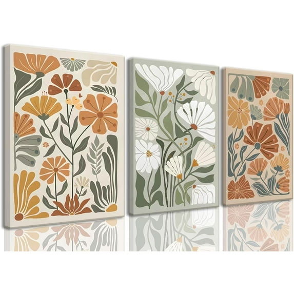 Framed Canvas Wall Art Abstract Floral Botanical Print Set of 3 Green Beige Wildflower Flower Market Paintings Boho Modern Minimalist Pictures Decor Bedroom Bathroom Living Room 12"x16"