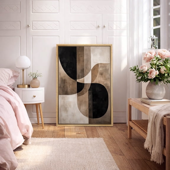 Framed Canvas Wall Art Abstract Geometric Neutral Print for Living Room Decoration - 16"x24" NATURAL