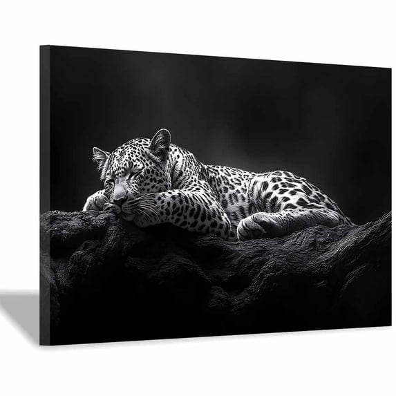 Framed Canvas Wall Art Black and White Sleeping Cheetah Leopard Wall Decor Minimalist Artwork for Bedroom Living Room Wall Picture for Men and Women. - 20"L x 16"W