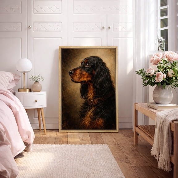 Framed Canvas Wall Art Black and Tan Dog Portrait Print for Living Room Decoration - 16"x24" NATURAL