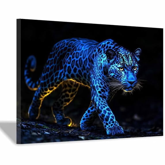 Framed Canvas Wall Art Blue Neon Cheetah Wall Art Modern Leopard Print Room Decor for Gaming Room Bedroom Boys Men Wall Picture. - 36"L x 24"W