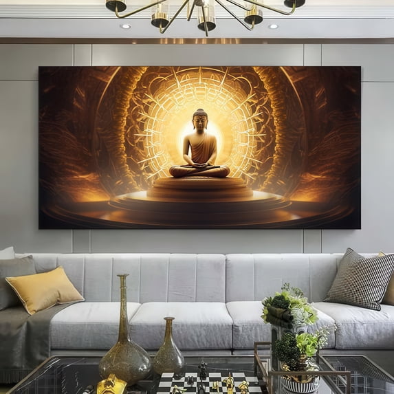 Framed Canvas Wall Art Buddha Meditation Golden Light Spiritual Decor 48x24 Inch Modern Living Room Bedroom Home Decoration