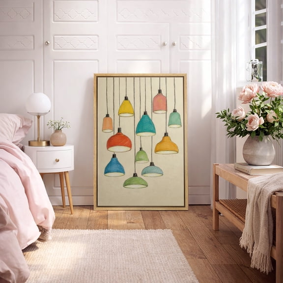 Framed Canvas Wall Art Colorful Hanging Pendant Lights Print for Living Room Decoration - 16"x24" NATURAL