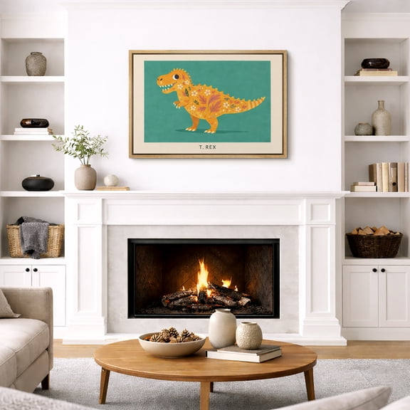 Framed Canvas Wall Art Cute T Rex Dinosaur Print for Whimsical Kids Room Decoration - 16"x24" NATURAL