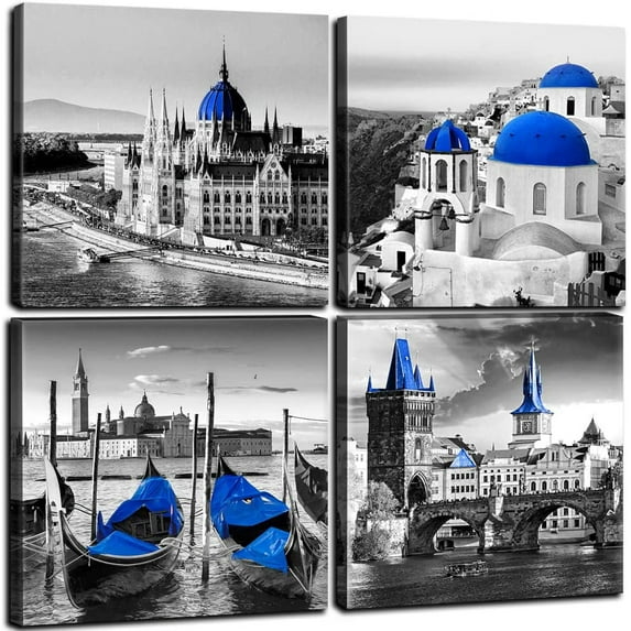 Framed Canvas Wall Art Decor - Black White Mediterranean Blue European Architecture City Town Hungarian Parliament,Santorini Island,Greece,Italy Venice Water Towns Boats Prague,Charles Bridge